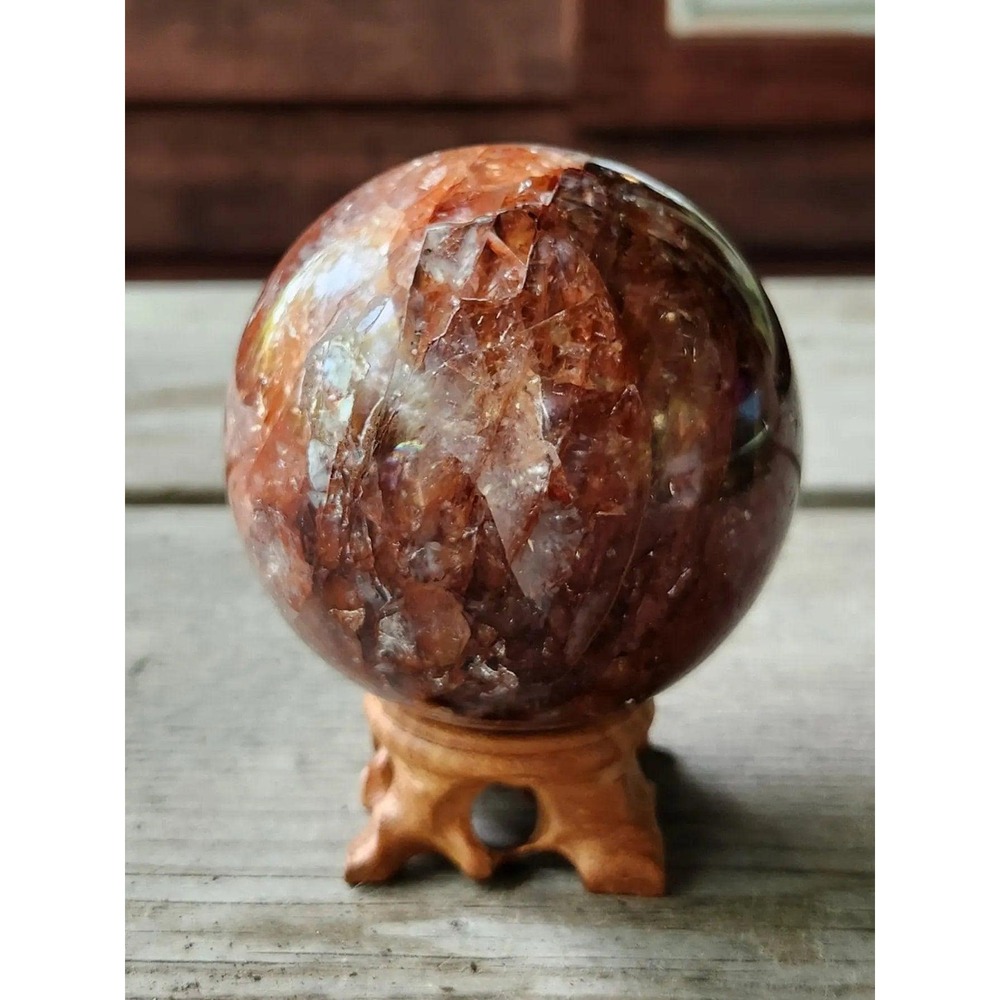 Fire Quartz Sphere with Wooden Stand, Strawberry Quartz, Crystal Sphere